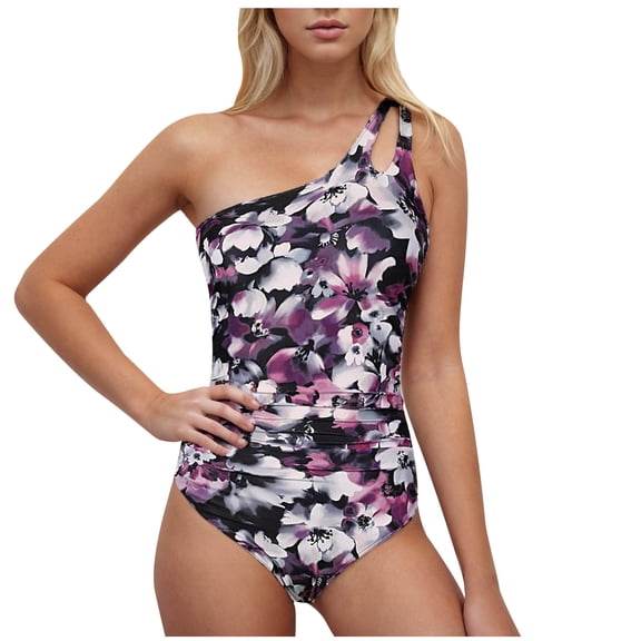 Stamzod Women's One-Piece Swimsuits Summer Floral Print Ruched One Shoulder Swim Suits Slim Bathing Suit for Women Tummy Control Purple L