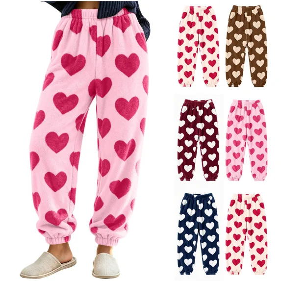 Stamzod Women's Pajama Bottoms Fashion Love Heart Printed Comfy Fleece Lounge Pants Winter Pajamas for Women with Pockets