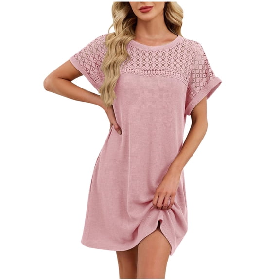 Stamzod Women's Pajama Dress Fashion Lace Hollow Out Short Sleeve Night Dress Summer Casual Womens Sleepwear Pink S