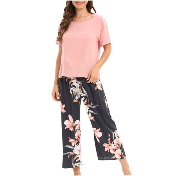 Stamzod Women's Pajama Set Clearance 2 Peice Set Solid Color Loose Pullover Tops Round Neck Long Sleeve Pants Print Large Size Women lounge sets