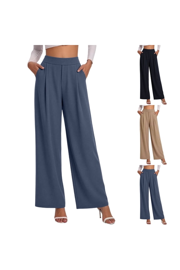 Women's Palazzo Pants Casual Wide Leg Trousers Slacks Elastic High Waisted Business Work Pants with Pockets Blue S