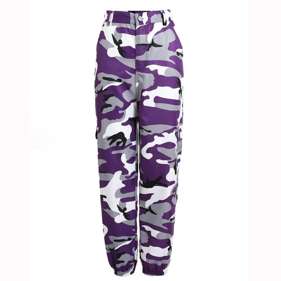Stamzod Women's Pants Fashion Camouflage Printing Summer Bound Feet Trousers with Pocket Comfy Loose Casual Pants for Women Purple L