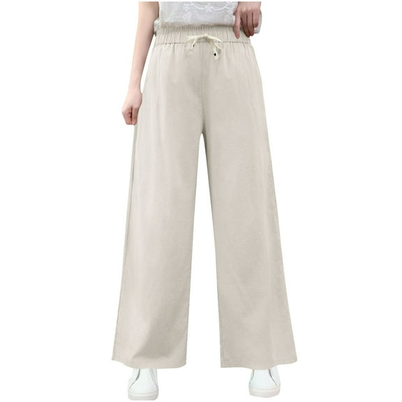 Stamzod Women's Pants Fashion Solid Color Elastic Waist Drawstring Wide Leg Pants with Pocket Loungewear Casual Loose Palazzo Pants for Women White XXL