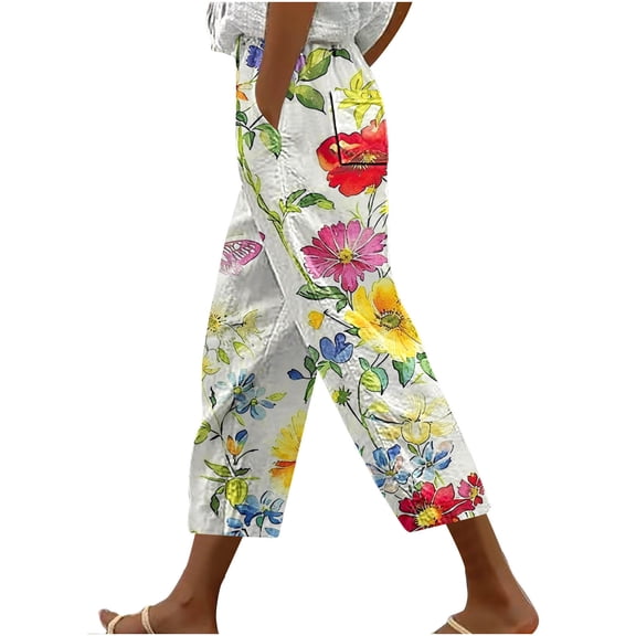 Stamzod Women's Plus Size Capri Summer Floral Stretch Waist Straight Capris Loungewear Casual Loose Crop Pants for Women with Pocket Multicolor-8 L