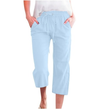 Stamzod Women's Plus Size Capris with Pocket Summer Cotton and Linen Elastic Waist Drawstring Cropped Pants Casual Loose Straight Leg Capri Pants for Women on Clearance Light Blue L