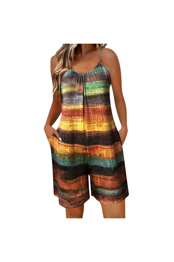 Women's Plus Size Summer Rompers Sleeveless One Piece Wide Leg Short Jumpsuits Vacation Outfits Khaki L