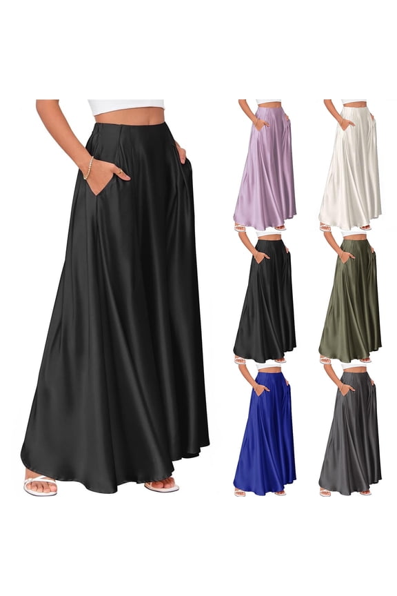 Women's Satin High Waist Hidden Elasticized Waistband Flared Casual A Line Long Skirt with Pocket Black M