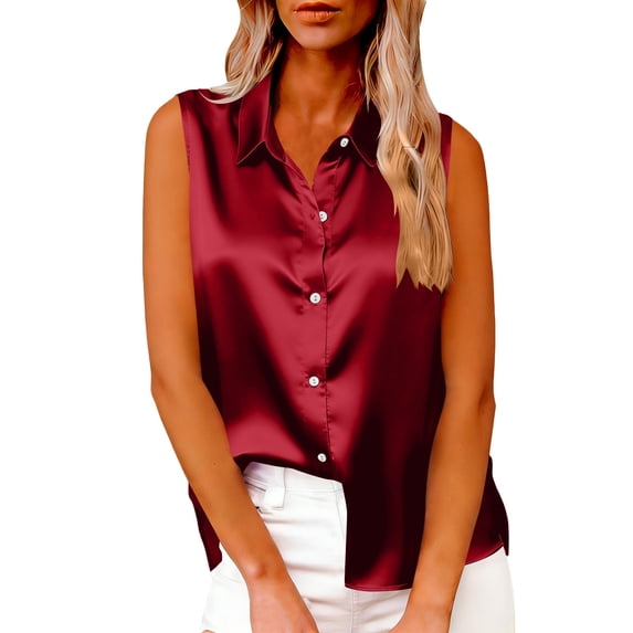 Stamzod Women's Satin Silk Blouses Sleeveless Button Down Shirts Dressy Casual Office Work Tank Tops Summer Fashion Clothing Red XL