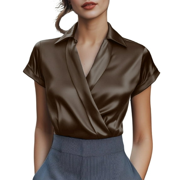 Stamzod Women's Satin Silk Blouses Wrap V Neck Short Sleeve Shirts Dressy Casual Office Work Tops Spring Summer Clothes Brown C M