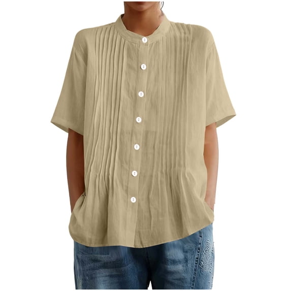 Stamzod Women's Short Sleeve Shirts Summer Cotton and Linen Ruched Button Down Shirt Solid Color Round Neck Vacation Tops for Women Trendy 2026 Yellow L