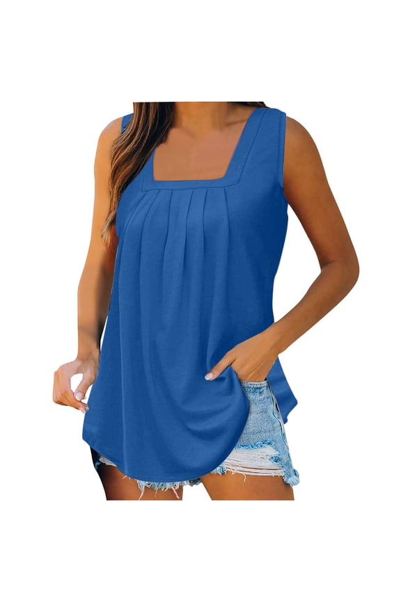 Women's Sleeveless Tank Tops Loose Fitted Flare Tunic Blouse Tops Pleated U Neck Summer Tank Shirts with Curved Hem