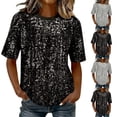 thumbnail image 1 of Stamzod Women's Sparkly Sequin Top Round Neck Short Sleeve Party Shirts Dressy Casual Tee Blouses Fashion Clothing Black E S, 1 of 8