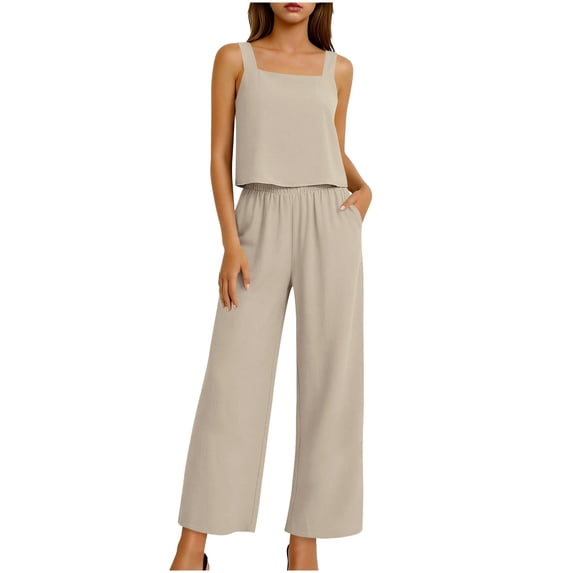 Stamzod Women's Summer 2 Piece Outfits 2026 Sleeveless Crop Tops Wide Leg Pant Sets Vacation Travel Cruise Outfits Beige L