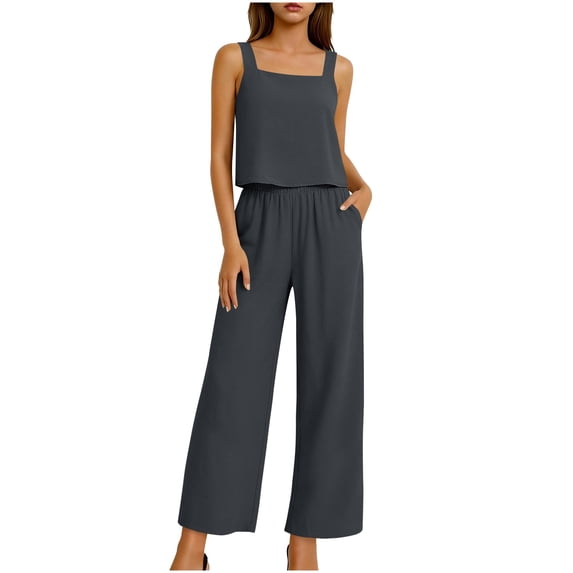 Stamzod Women's Summer 2 Piece Outfits 2026 Sleeveless Crop Tops Wide Leg Pant Sets Vacation Travel Cruise Outfits Dark Gray XXL