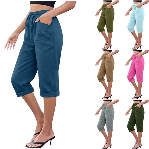 Stamzod Women's Summer Capri Pants Solid Elastic Waist Capris Casual Straight Leg Cropped Trousers Navy L