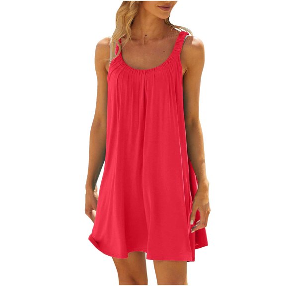 Stamzod Women's Summer Casual Dresses Solid Color Pleated Beach Cover Up Tank Dress Sleeveless Ruffle Hem Flowy Plain T Shirt Sundresses