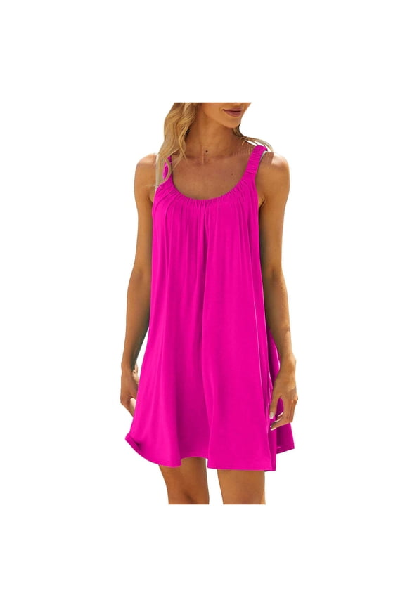Women's Summer Casual Dresses Solid Color Pleated Beach Cover Up Tank Dress Sleeveless Ruffle Hem Flowy Plain T Shirt Sundresses