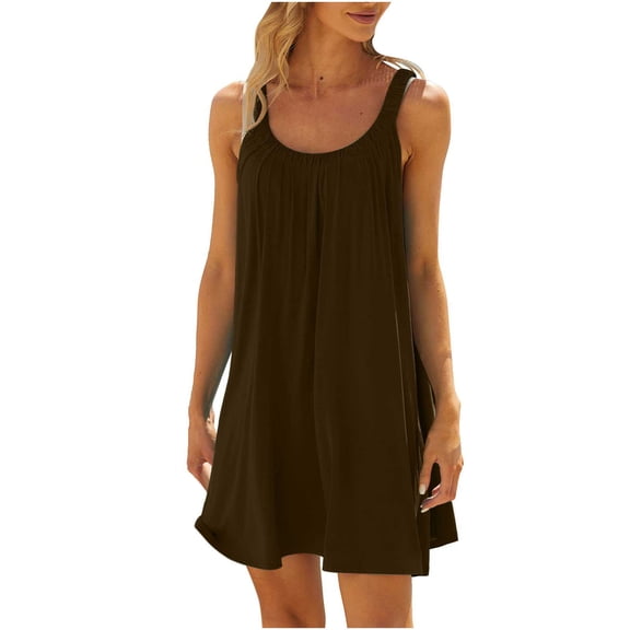 Stamzod Women's Summer Casual Dresses Solid Color Pleated Beach Cover Up Tank Dress Sleeveless Ruffle Hem Flowy Plain T Shirt Sundresses
