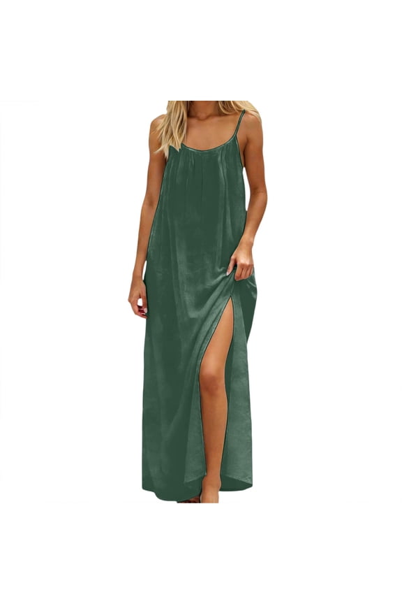 Women's Summer Dress Backless V Neck Spaghetti Strap Loose Flowy Midi Cami Dresses Army Green C S