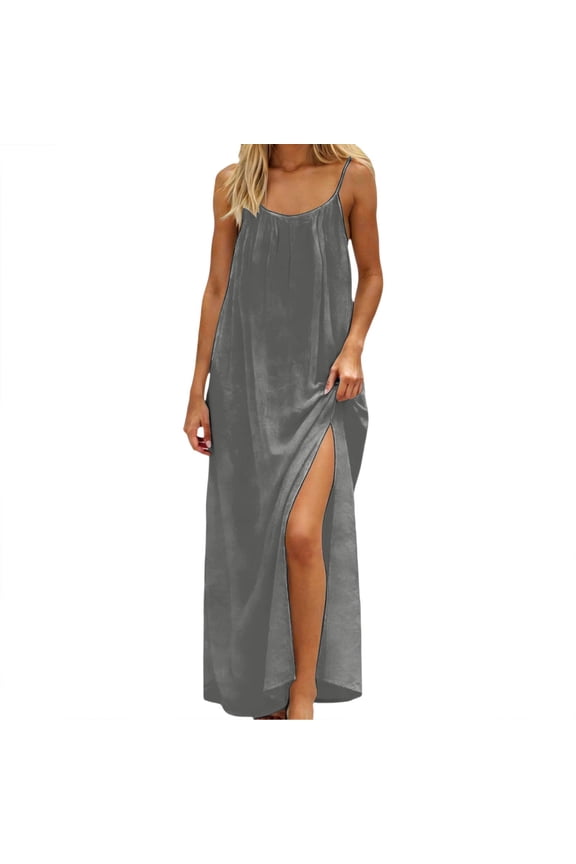 Women's Summer Dress Backless V Neck Spaghetti Strap Loose Flowy Midi Cami Dresses Gray C L