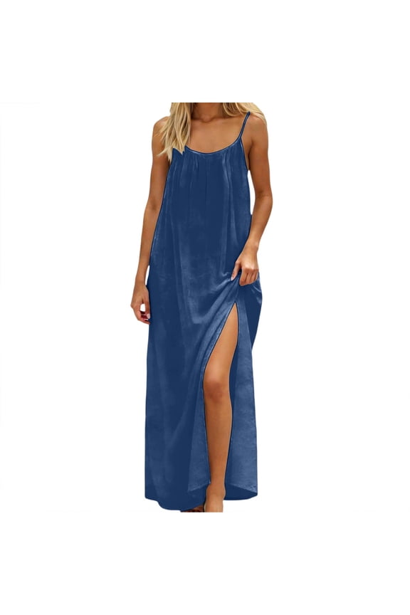 Women's Summer Dress Backless V Neck Spaghetti Strap Loose Flowy Midi Cami Dresses Navy C S