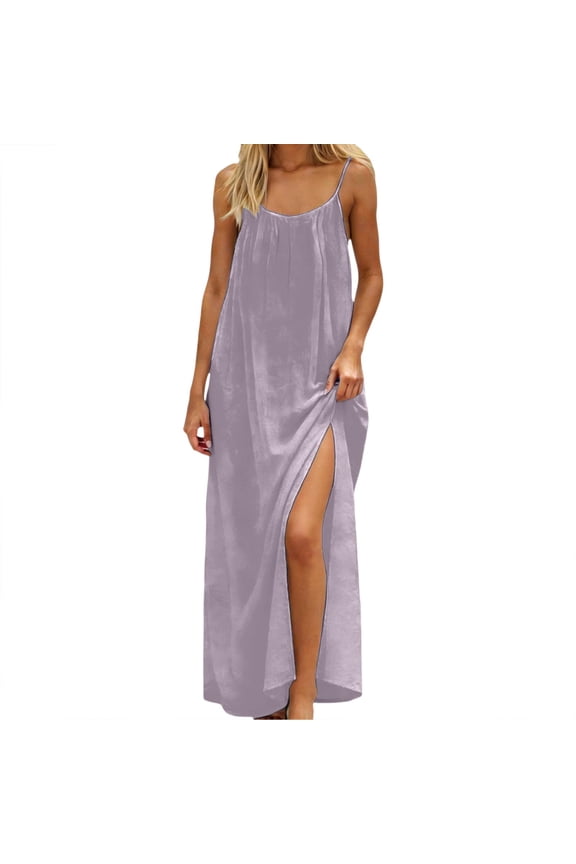 Women's Summer Dress Backless V Neck Spaghetti Strap Loose Flowy Midi Cami Dresses Purple C L
