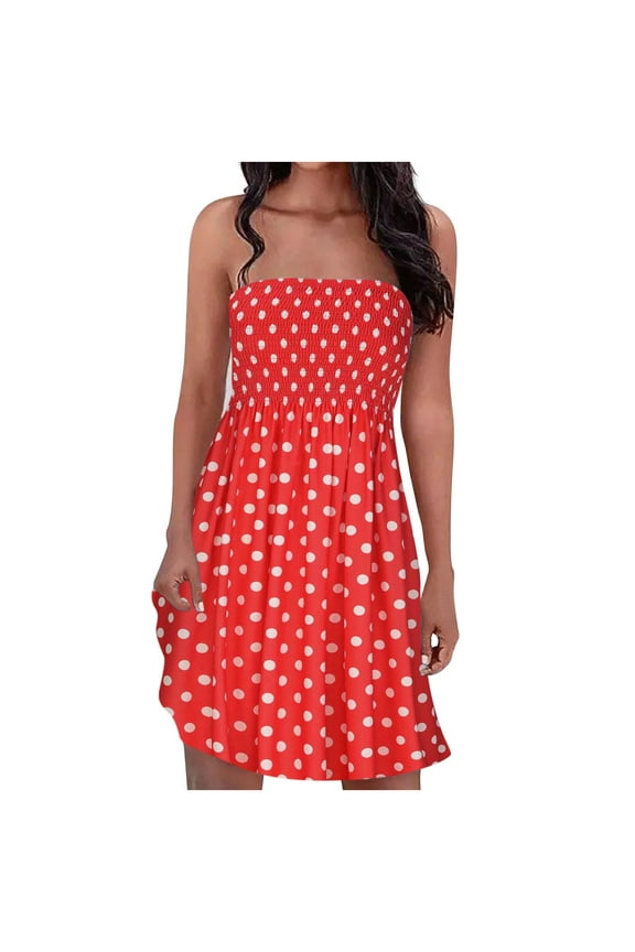 Women's Summer Mini Dress Sleeveless Off Shoulder Bohemian Party Dress High Waisted Ruffle Hem Flowy Breast Wrap Beach Sundress Red L