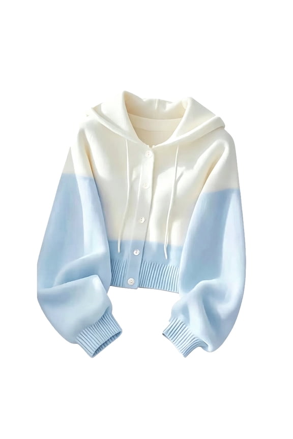 Women's Sweaters 2026 Fall Winter Color Block Hooded Button Up Cardigan Sweater Casual Cardigans Outerwear Coats Blue B S