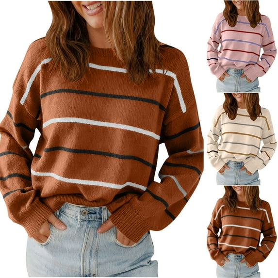 Stamzod Women's Sweaters Fashion Stripe Printed Crewneck Pullover Sweaters Casual Long Sleeve Sweater Fall Clothes for Women Beige L