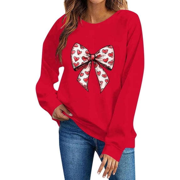 Stamzod Women's Sweatshirt Fashion Love Heart Printed Long Sleeve Crewneck Sweatshirts Women Valentine's Casual Tops Plus Size Clothes Red L