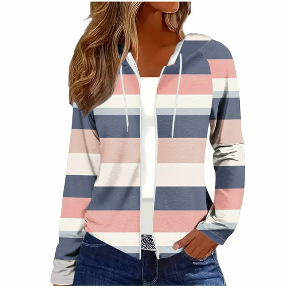 Stamzod Women's Sweatshirt Strip Fall Long Sleeve Hoodies with Drawstring Casual Workout Zip Up Hoodie for Women Pink M