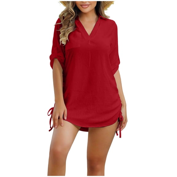 Stamzod Women's Swimsuit Coverup Solid Bikini Bathing Suit Cover Up V Neck Drawstring Shirt Dresses Vaction Beach Wear for Women Red XXL