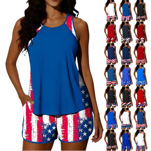Stamzod Women's Tankini Swimsuits 4Th Of July Tummy Control Bathing Suits 2 Piece Athletic Tank Tops with Shorts Blue B L