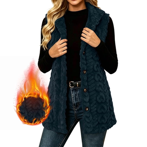 Stamzod Women's Texture Fleece Vest Fall Winter Sleeveless Fuzzy Sherpa Vest Button Down Hooded Vests for Women