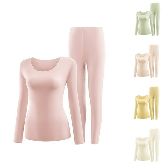 Stamzod Women's Thermal Underwear Set Solid Color Crewneck Seamless Shirts and Long Johns Casual Slim Fit Thermals for Women White-5 M