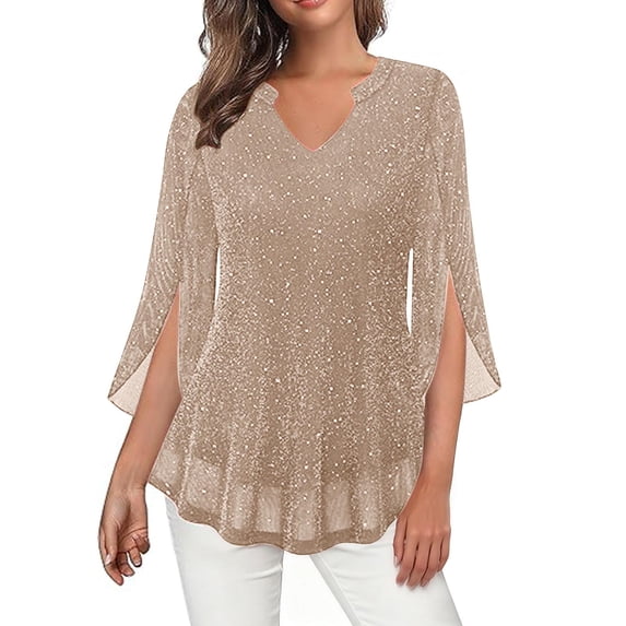 Stamzod Women's Tops Fall Fashion Sparkly V Neck 3/4 Sleeve Ruffle Wedding Blouse Mesh Evening Party Shirts for Women Beige-3 L