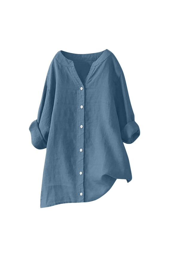 Women's Tops Fashion Solid Color Cotton and Linen Summer Blouses Casual Loose Plus Size V-Neck Long Sleeve Button Down Shirts for Women Light Blue XXXXXL