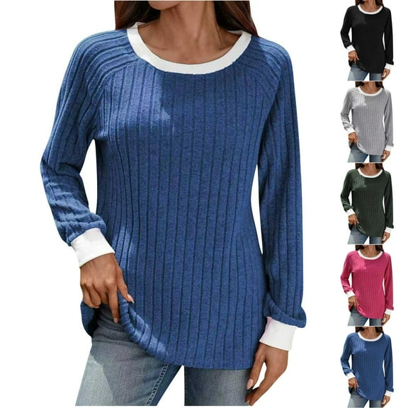 Stamzod Women's Tops Solid Color Casual Crewneck Long Sleeve Shirts Fall Clothes for Women Blouses Gray B XL