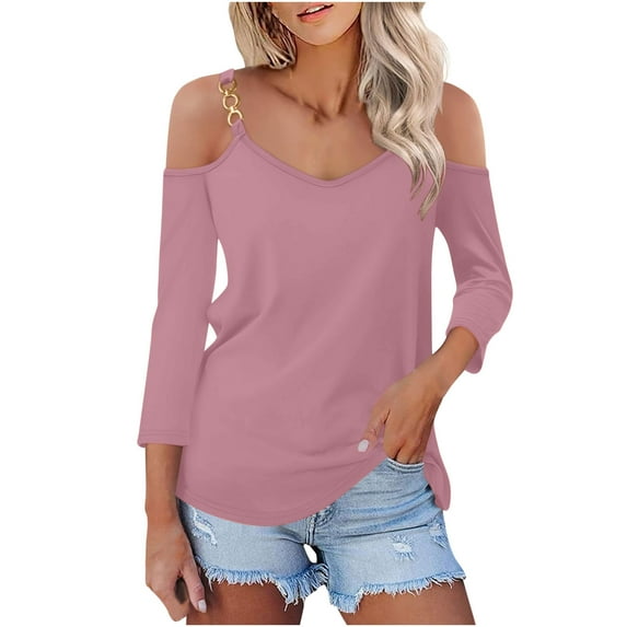 Stamzod Women's Tops Summer Solid Color 3/4 Sleeve V-Neck Cold Shoulder Blouses Casual Loose Fit Beach Vacation Clothes for Women Pink XXL