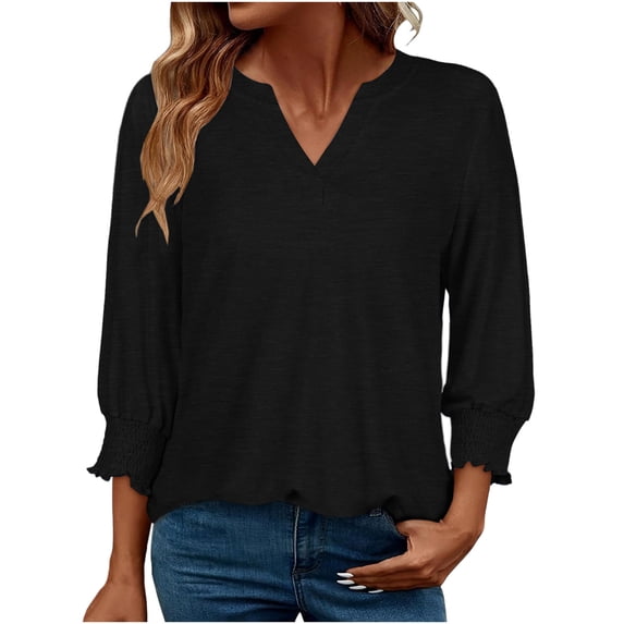 Stamzod Women's Tops, Tees & Blouses Solid V Neck Ruched Casual Shirts Spring 3/4 Sleeve Tops for Women Black XL