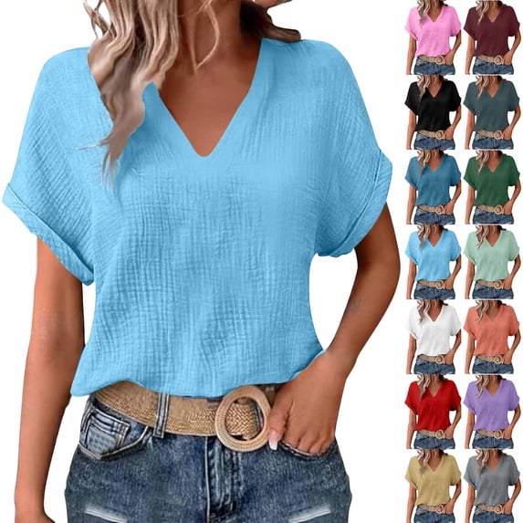 Stamzod Women's Tops, Tees & Blouses Summer V-Neck Short Sleeve Shirts Dressy Work Blouse Business Casual Outfits Wine XL