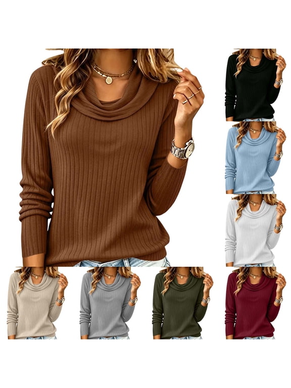 Women's Tops Trendy Fashion Cowl Neck Long Sleeve Ribbed Shirts Dressy Casual Elegant Work Blouse