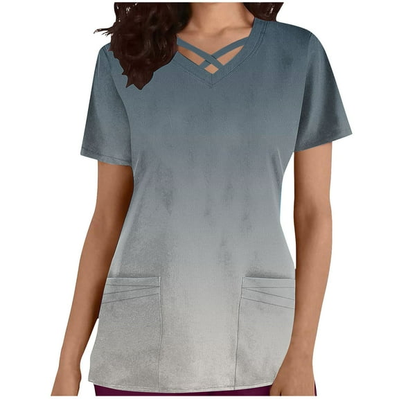 Stamzod Women's V-Neck Scrub Tops Cross Design Short Sleeve Womens T Shirts Gradient Slim Fit Comfy Working Uniform with Nursing Pockets