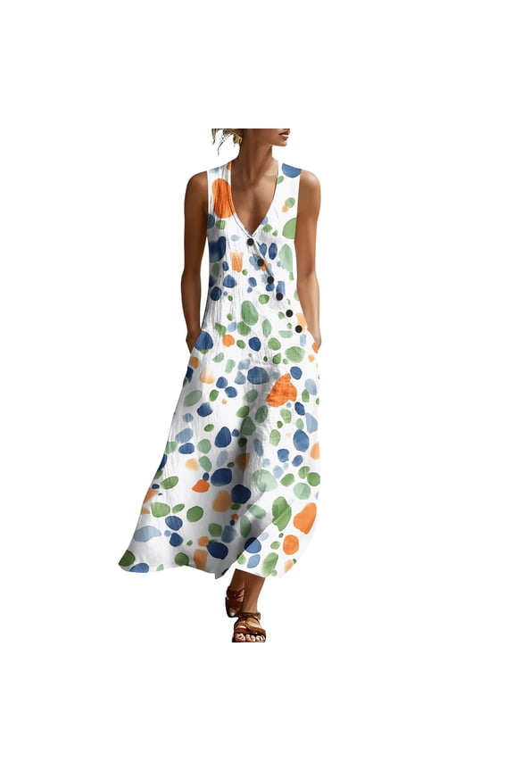 Women's V-Neck Summer Dress Flowy Casual Sleeveless Maxi Sun Dresses Women Beach Vacation Clothes Multicolor G S