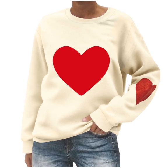 Stamzod Women's Valentines Sweatshirts Long Sleeve Lover Heart Pullover Tops Crewneck Casual Sweatshirt for Women Beige C L