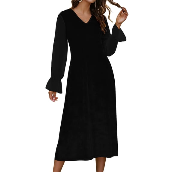 Stamzod Women's Velvet Long Sleeve V Neck formal Wedding Guest Maxi Dress Chiffon Patchwork Evening Party Long Dresses Black L