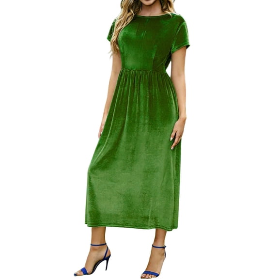 Stamzod Women's Velvet Maxi Dress Summer Short Sleeve Round-Neck Wedding Guest Dress Solid Casual Long Dresses for Women Green M