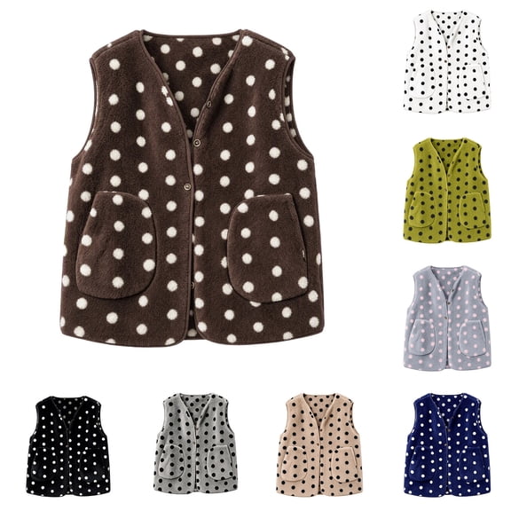 Stamzod Women's Vest V-Neck Polka Dots Printed Cropped Sherpa Fleece Jacket Sleeveless Vests for Women