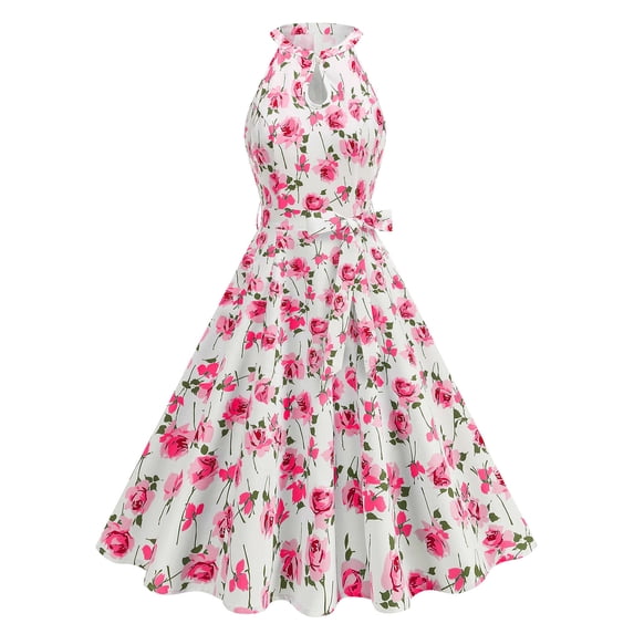 Stamzod Women's Vintage Tea Dress Sleeveles Cocktail Party Dresses Summer A-Line Floral Swing Dress with Belt Hot Pink B XXL