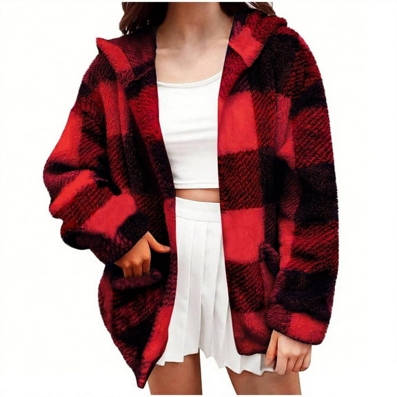 Stamzod Women's Winter Coats Fashion Plaid Printed Long Sleeve Hooded Oversized Jackets Casual Thicked Warm Fleece Jacket for Women Red B S